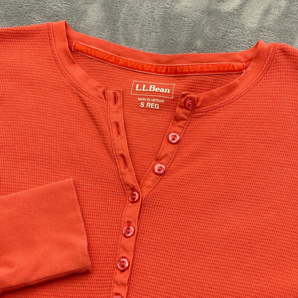 LL Bean Womens Orange Waffle Knit Long Sleeve Henley Top S REG 265001